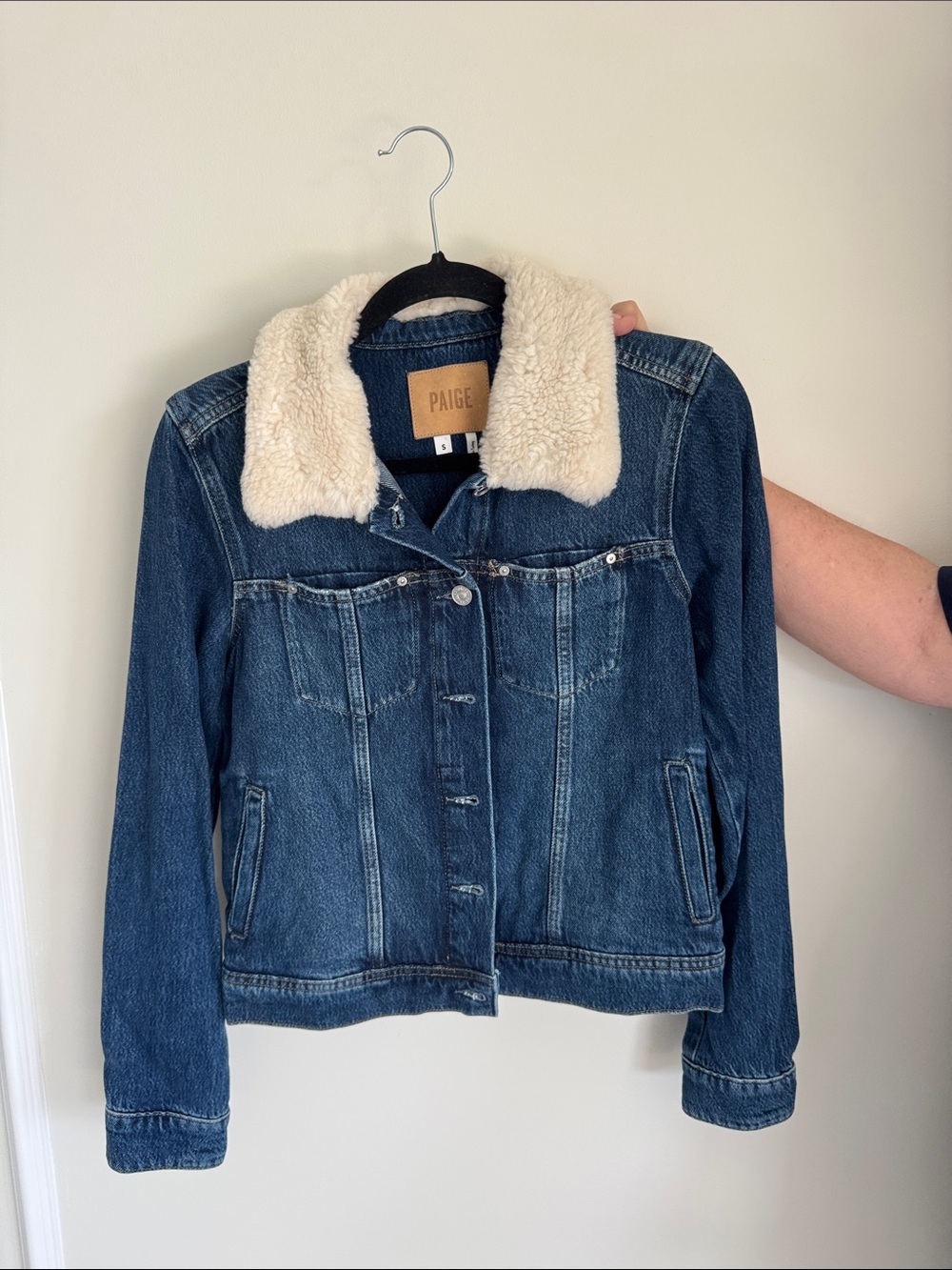 PAIGE Blue Denim Jacket with Cream Sherpa Collar